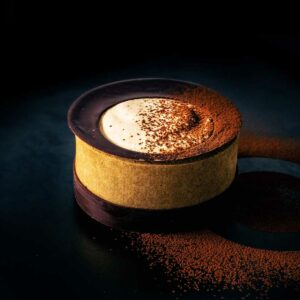 Smooth tiramisu with its crunchy chocolate tuile